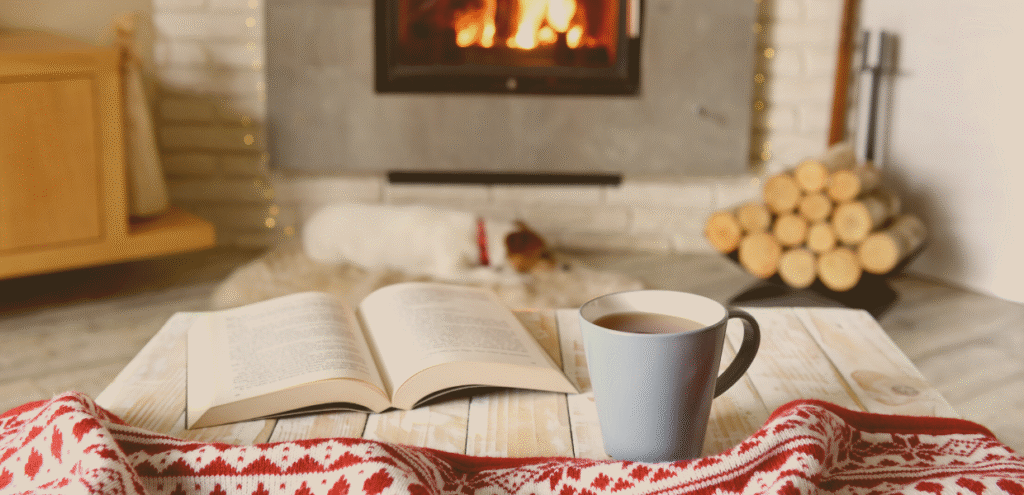 Open book and cup of tea on a cozy blanket in front of a fireplace with a dog resting nearby