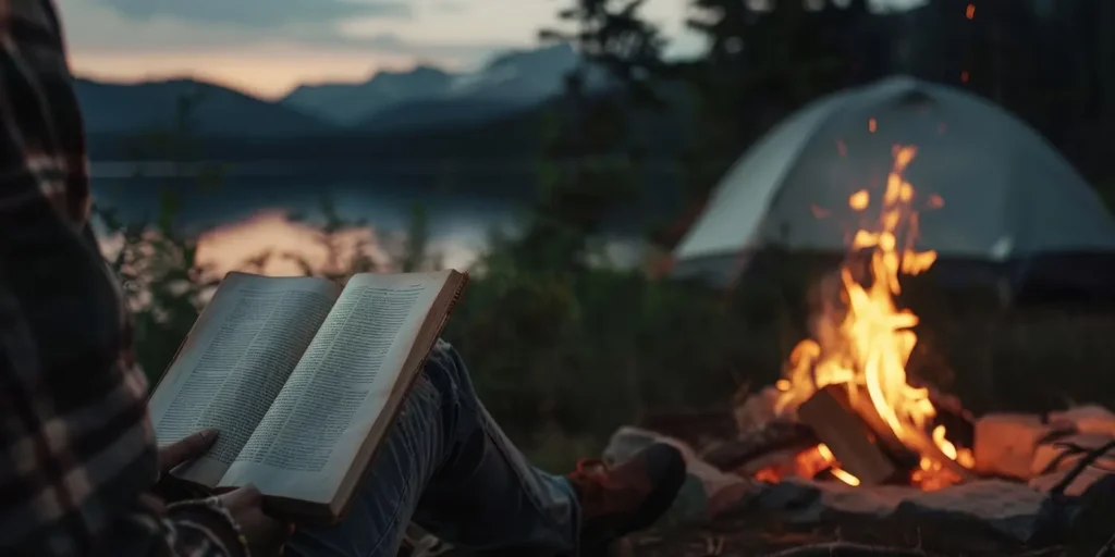 Person reading a book beside a campfire with a tent near a lake at sunset