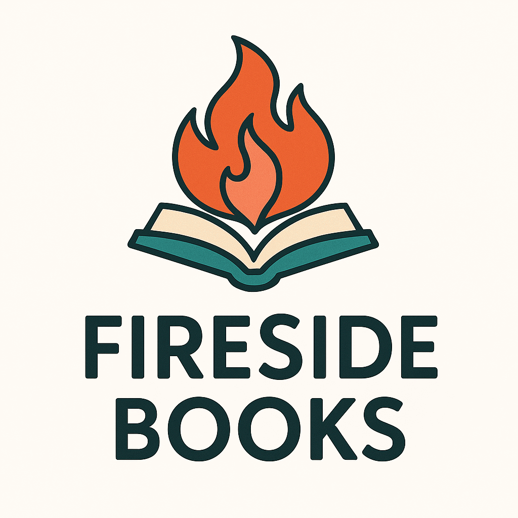 Colorful logo for Fireside Books featuring a flame and an open book icon